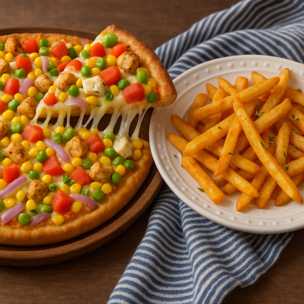 Cheese Corn Pizza With Peri Peri Fries