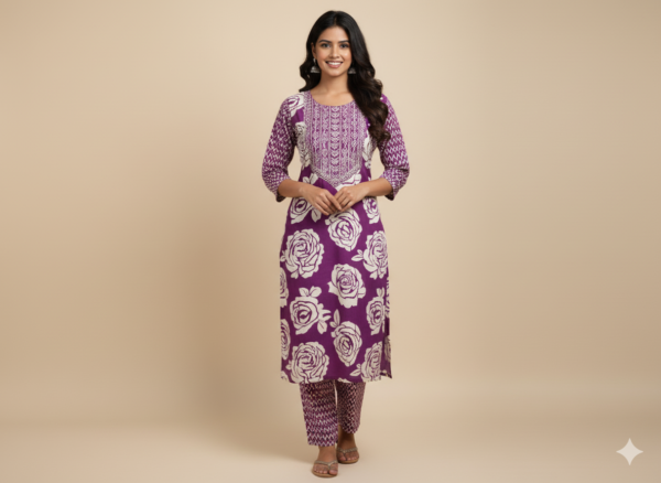 purple with white rose flower 2 piece kurta set