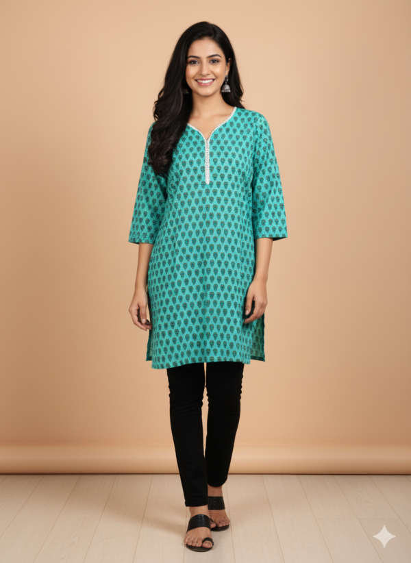 Sky blue & flower pot Short Kurti