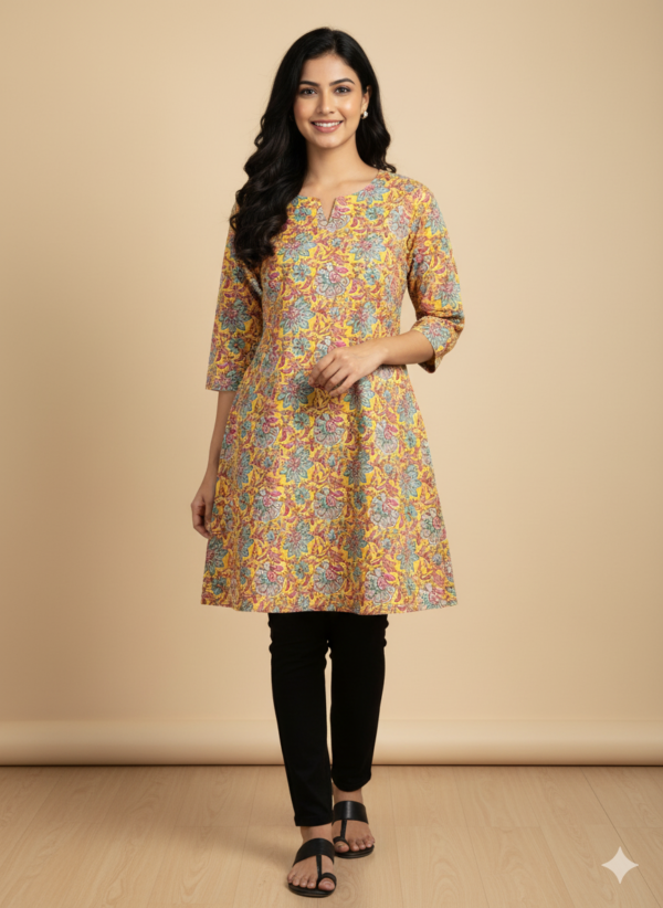 yellow short kurti with pink and blue flower prints