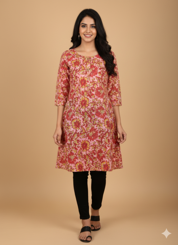 light pink kurti with red and yellow flower prints