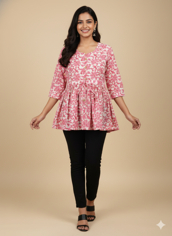 pink short kurti with white print