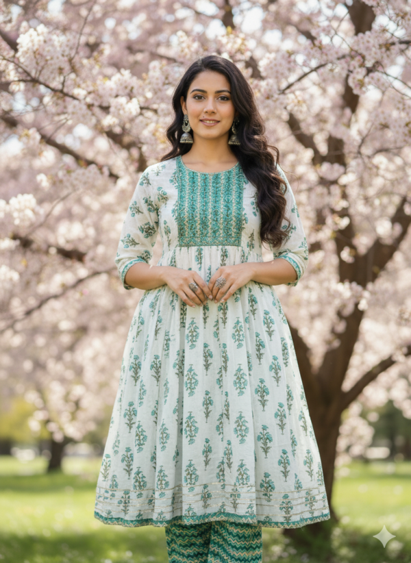 white 2 piece suit with green flower prints