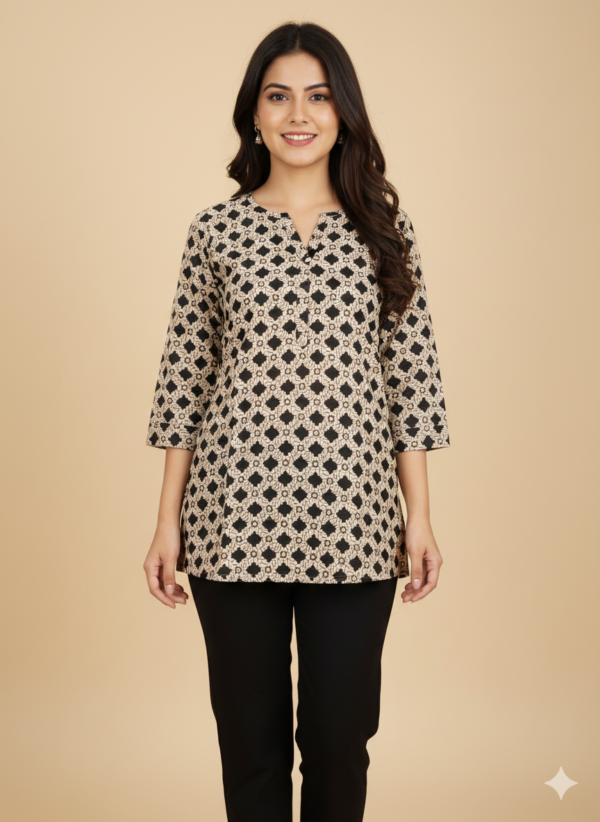 white kurti with black print Short Kurti