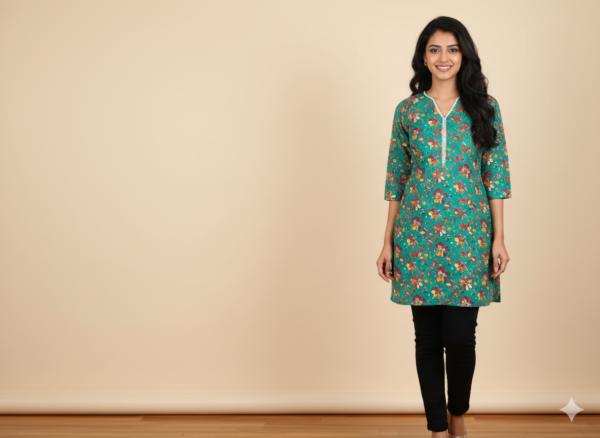 light green short kurti with red and yellow flower