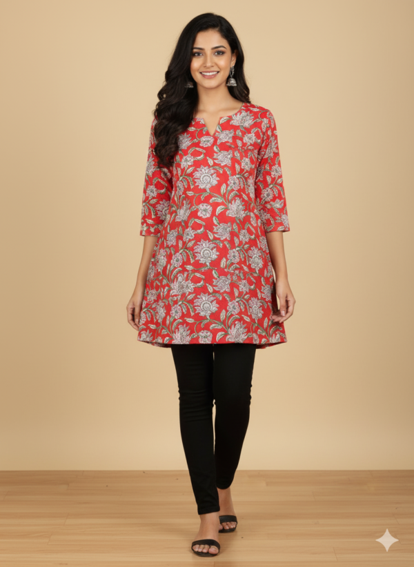 red short kurti with blue brown flower print