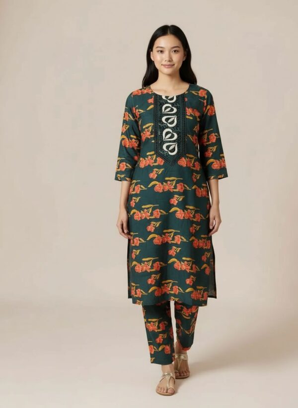 dark green 2 piece kurta set with red flower prints