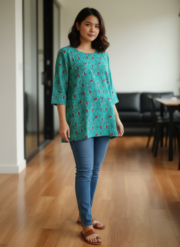sky blue  short kurti with red flower prints