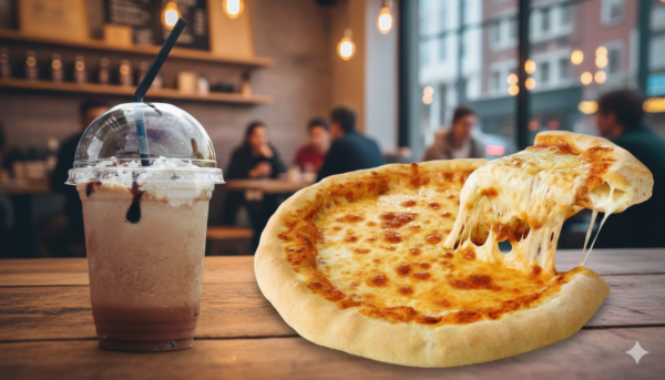 dubble cheese pizza with cold coffee